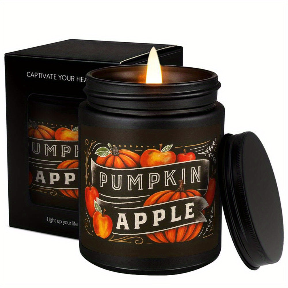 1pc Pumpkin Apple Pie Scented Candle - Rustic Farmhouse Style, Soy Wax, Glass Jar with Black Lid & Bow, Perfect for Thanksgiving, Fall Decor, and Seasonal Home Accents, Fall Decorations for Home