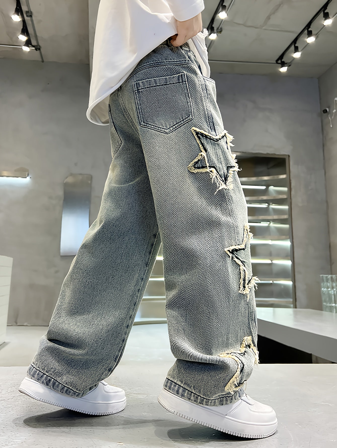 Boys' Star Embroidered Wide-Leg Faux Denim - Casual Loose Fit Long Pants, Non-Stretch Fabric, All-Season Versatile Faux Denim for Spring & Fall, Perfect for Casual Attire, Spring Fall Clothing, Star Embroidery Design, Comfortable Fit, for Outdoor, Pants