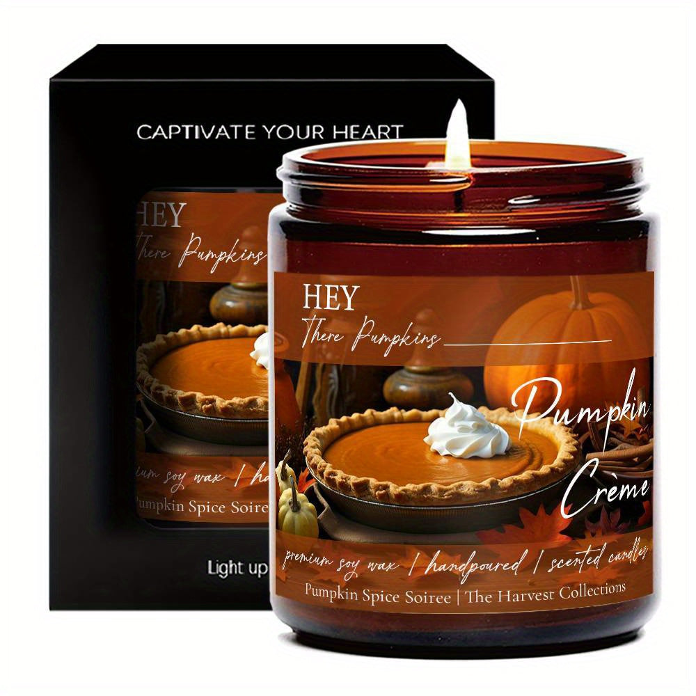 1pc Hello Pumpkin Creme Scented Candle - Autumn Fall Decor with Pumpkin Spice Scent, Soy Wax Candle in Amber Bottle - Long Burn Time (8-12 Hours) for Thanksgiving, Halloween, Birthday, Home, Office - Gift for Women, Men, Mom, Dad, Couples, Coworkers - Co