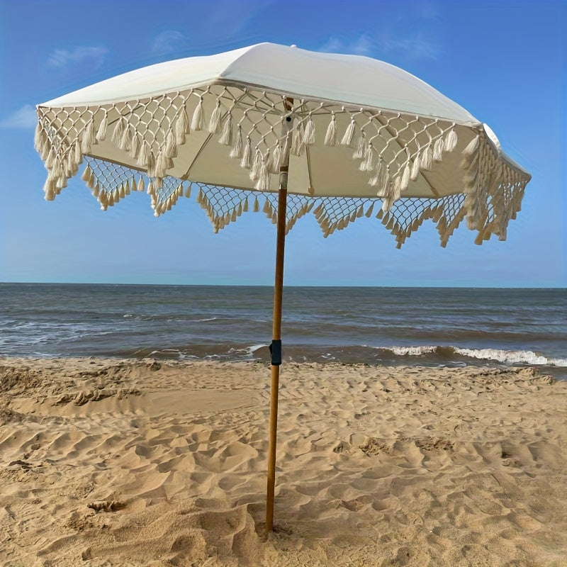 Bohemian Style White Outdoor Canopy Umbrella - Handmade Tear-Resistant Polyester, Round Iron Frame, Multi-Use for Beach, Garden, Poolside Camping & Leisure, Beach Umbrella, Garden Sunshade, Elegant Sunshade, Tearresistant Fabric