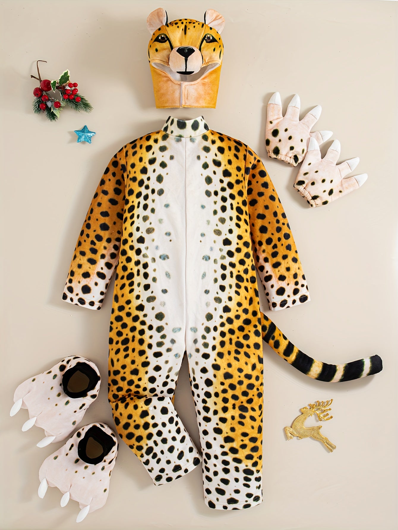 Adorable Kids' Cheetah Print Bodysuit with Hood, Paw-Shaped Gloves & Socks – 6pcs Set for Halloween Performances