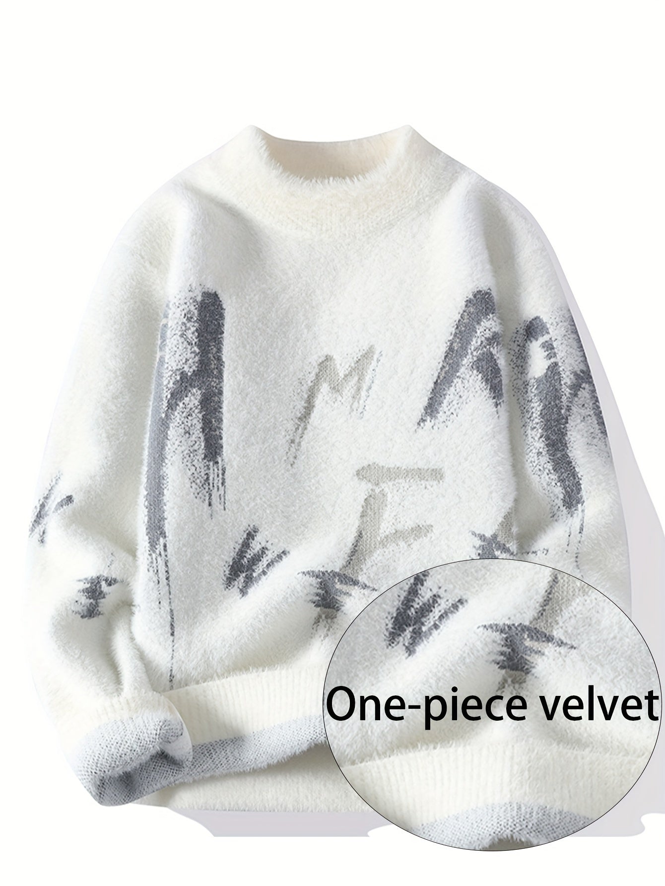 SENMEIGUO Men's Slim Fit Thick Knit Sweater - White with Black Brushstroke Letter Design, Round Neck Long Sleeve Thermal Base Layer for Autumn Winter Casual Wear, Winter Sweater, Modern Knitwear, Textured Fabric