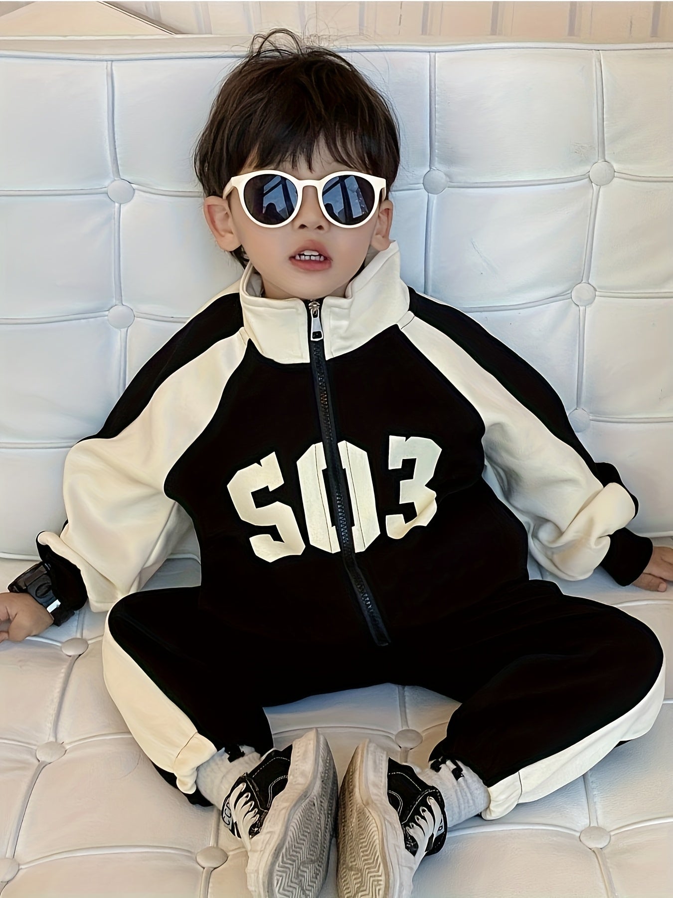 Boys' Autumn And Winter Stylish Color-Block Letter Print Long-Sleeved Jacket + Loose Straight-Leg Pants New Cool Trendy Two-Piece Suit, Perfect for Outdoor