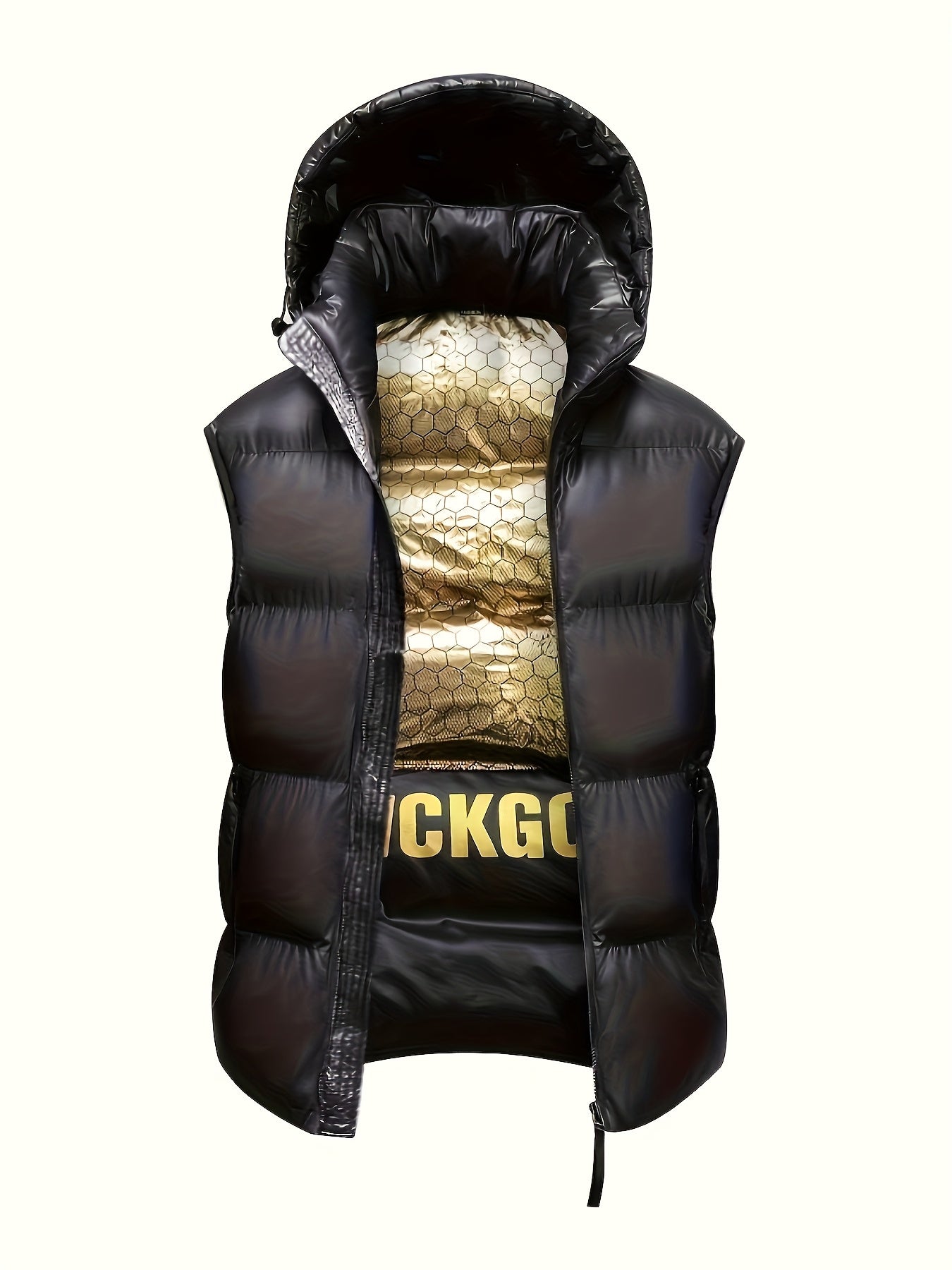 Men's Detachable Hooded Vest Jacket - Full-Zip Winter Coat with Padded Back, Machine Washable (No-Fill) for Layering, Outdoor & Casual Wear - Golden-Accent Logo (Compatible with Vests/Björk-like Outfits)