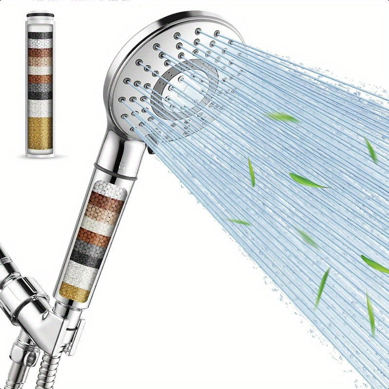 Shower Head and Handheld Sprayer with Water Filtering Function - High Pressure 6 Spray Modes, Includes Softening Ball Filter to Remove Chlorine and Impurities, Reduces Dryness/Itchiness, Light Beige, Chrome Coating, Suitable for Hard Water