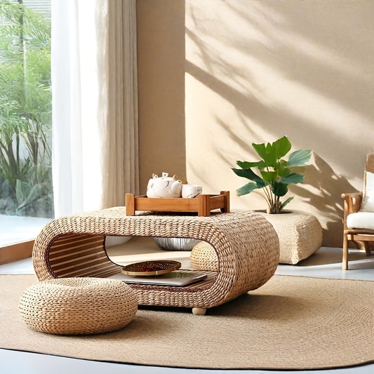 Solid Wood & Woven Table Set with Mortise-Tenon Joints - Rustic Farmhouse Style, Durable & Sturdy, No Assembly Required, Perfect for Living Room, Bedroom, Study - Complete Home Solution, Bedroom Furniture, Vintage Design, Engineered Wood Frame