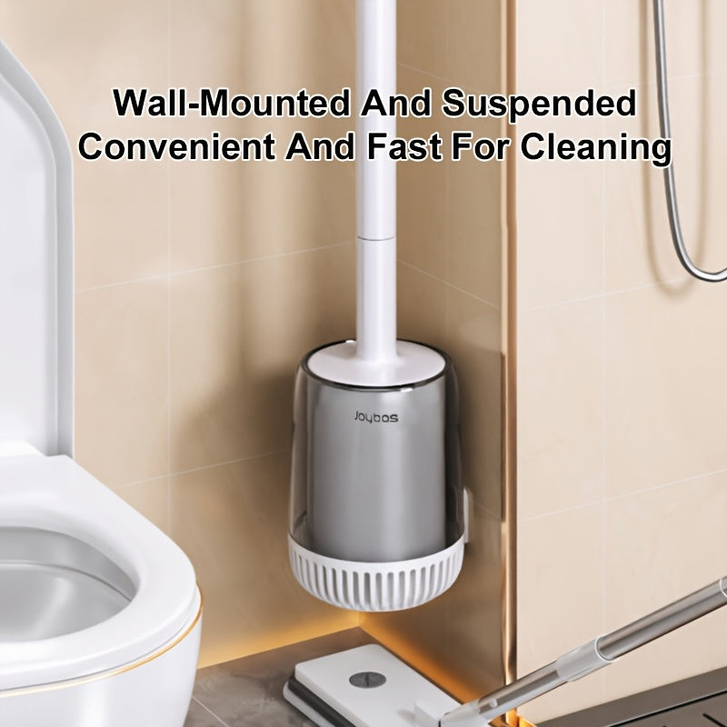 1 Set Wall-Mounted Long Handle Toilet Brush Set with Base, No-Drill Hanging Design, Flexible Silicone Bristles for Deep Cleaning, Bathroom Accessories, Cleaning Tool