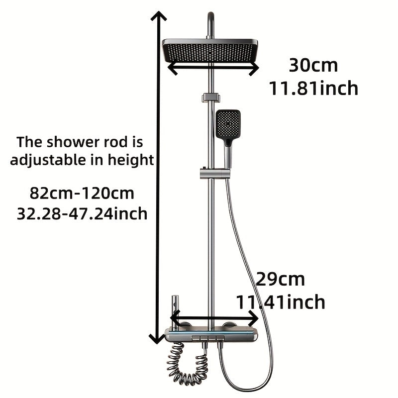 A luxurious gunmetal gray shower set with piano key design, ambient light, digital display and 4-function system. This pressurized home bathroom device is an essential item, serving as bathroom accessories and ideal for bathroom decor gifts.