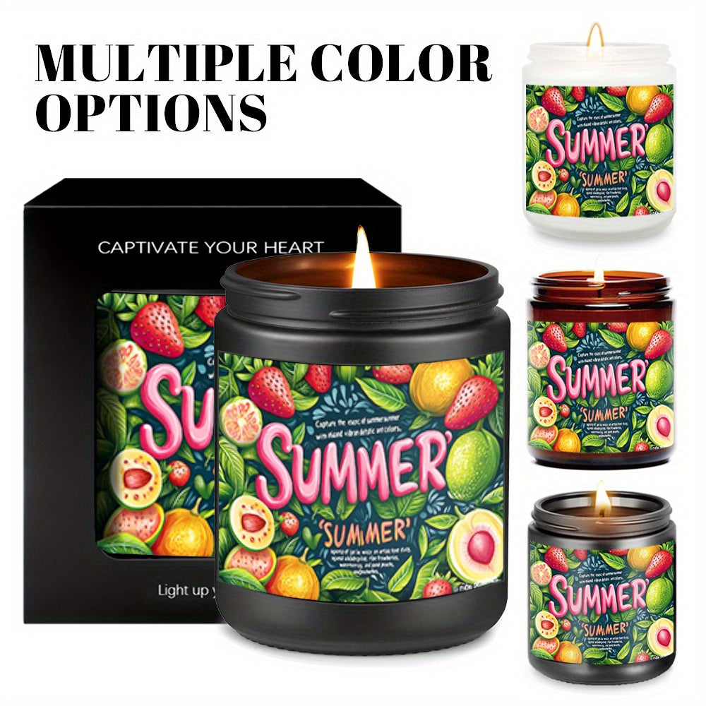 1pc Summer Vibes Fruit Scented Soy Wax Candle - Artistic Fonts Design with Strawberry, Peach, Mango & Kiwi, Essential Oil-Free Fragrance, 8-12 Hour Burn Time, Black or White Container, Indoor Home Decor Gift for Women, Men, Teens, Friends, Family (Birthd