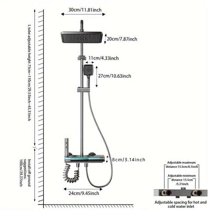 1 Set Shower System, LED Digital Temperature Display and Ambient Light Bathroom Shower, 4-Function Piano Key Wall-Mounted Shower Combo Set, 33.02cm Rainfall Shower Head, 3-Function Handheld Shower, Bathtub Waterfall Spray and Bidet Sprayer, Stainless Ste