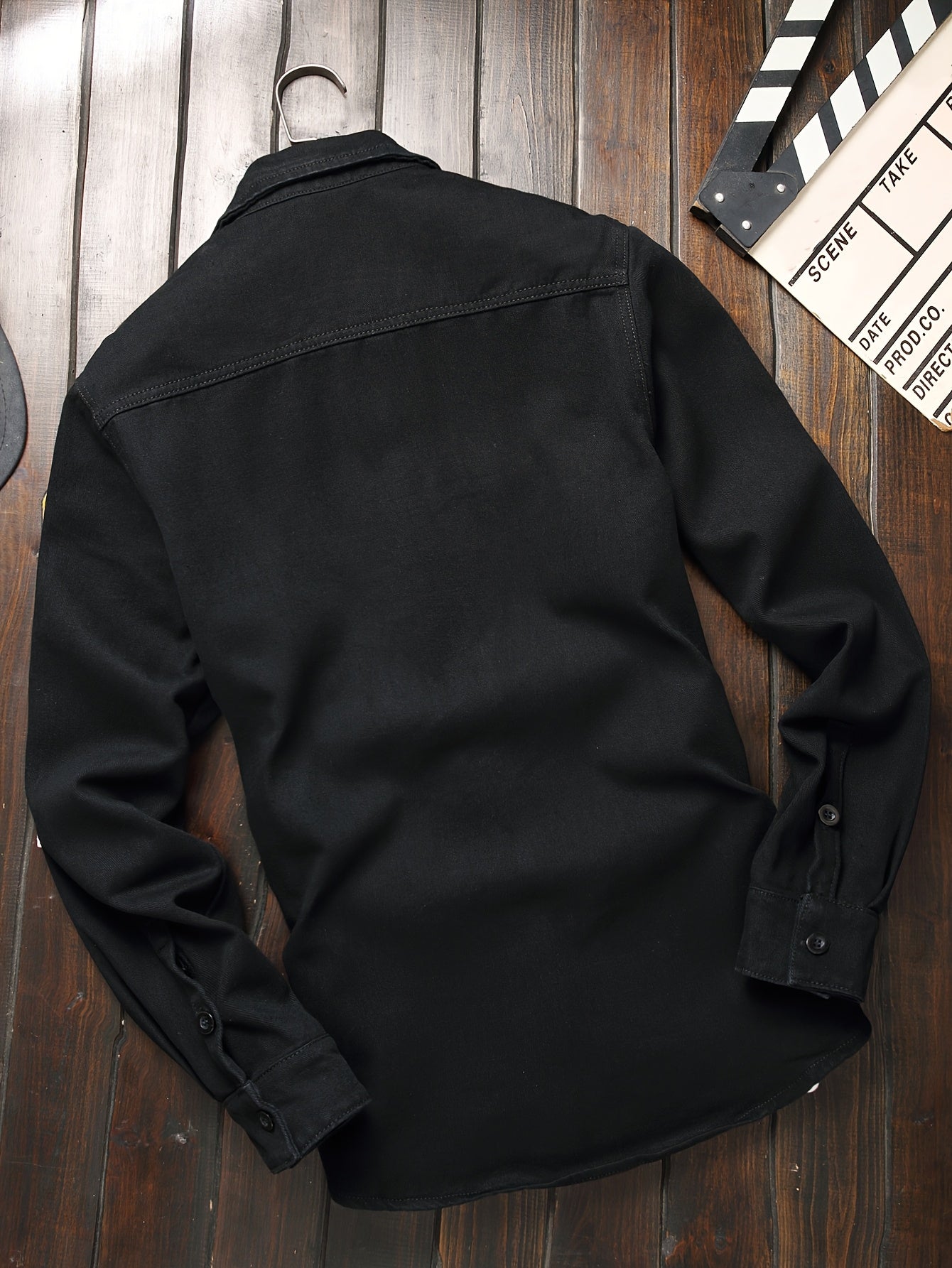 American High Fashion Badge Pocket Denim Shirt, Stylish Versatile Black Top Without Belt/Accessories