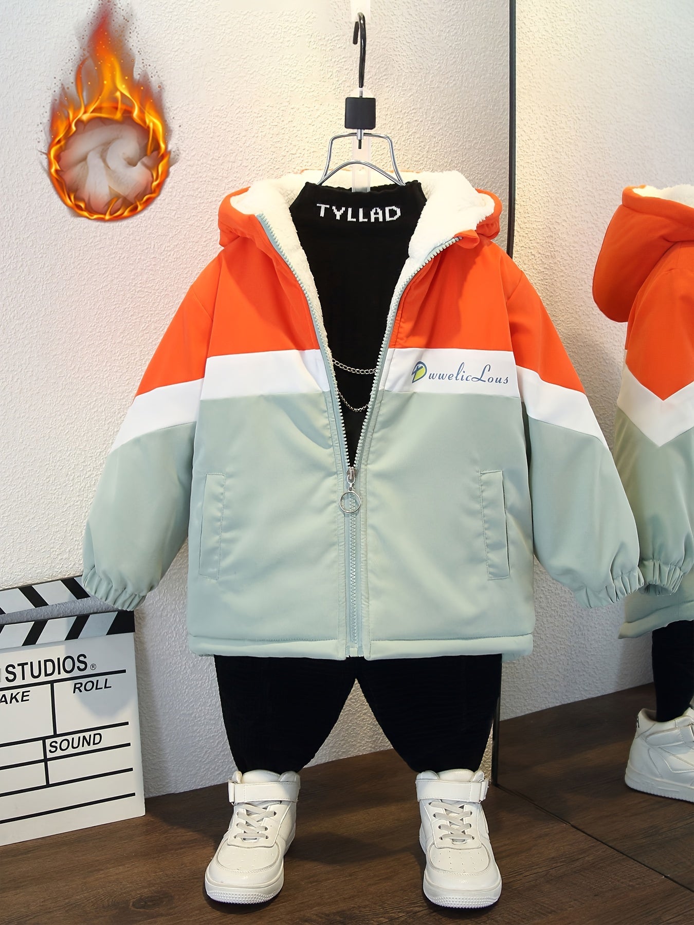 Youngsters' Cozy Fleece-Lined Hooded Jacket with Letter Print - Casual Long Sleeve Outerwear for Boys & Girls, Perfect for Fall/Winter