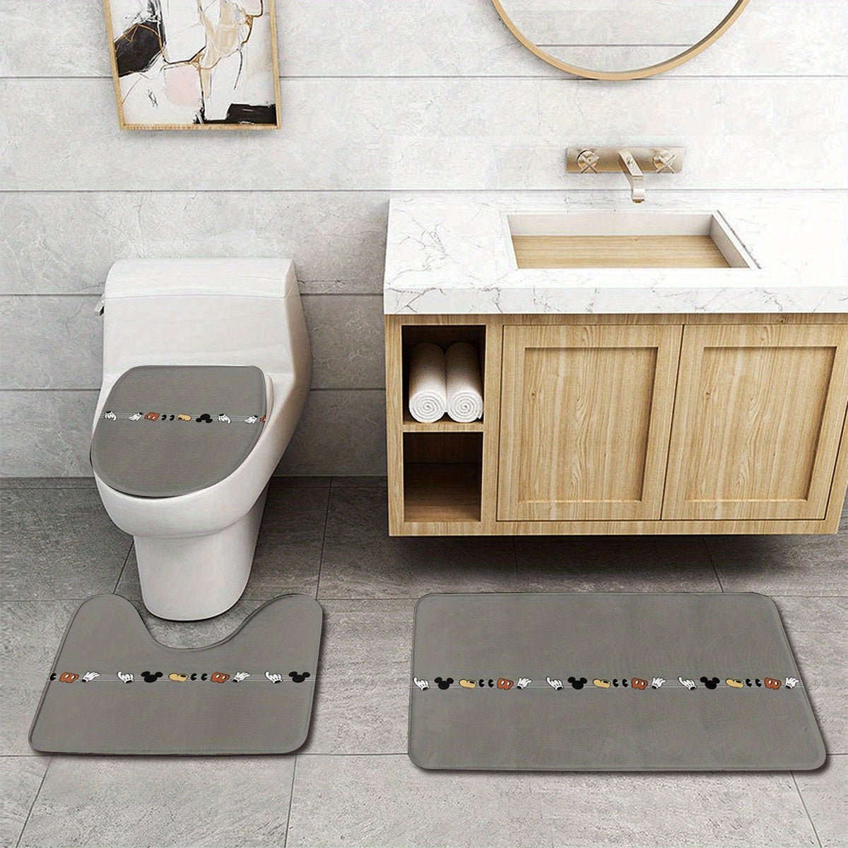 3pcs Disney Mickey Mouse Print 3pcs Bathroom Mat Set, Bathroom Mat, Toilet Seat Mat, Toilet U-pad, Disney Fan Gift, Christmas Decoration, Birthday Gift, Anniversary Gift Home Decor