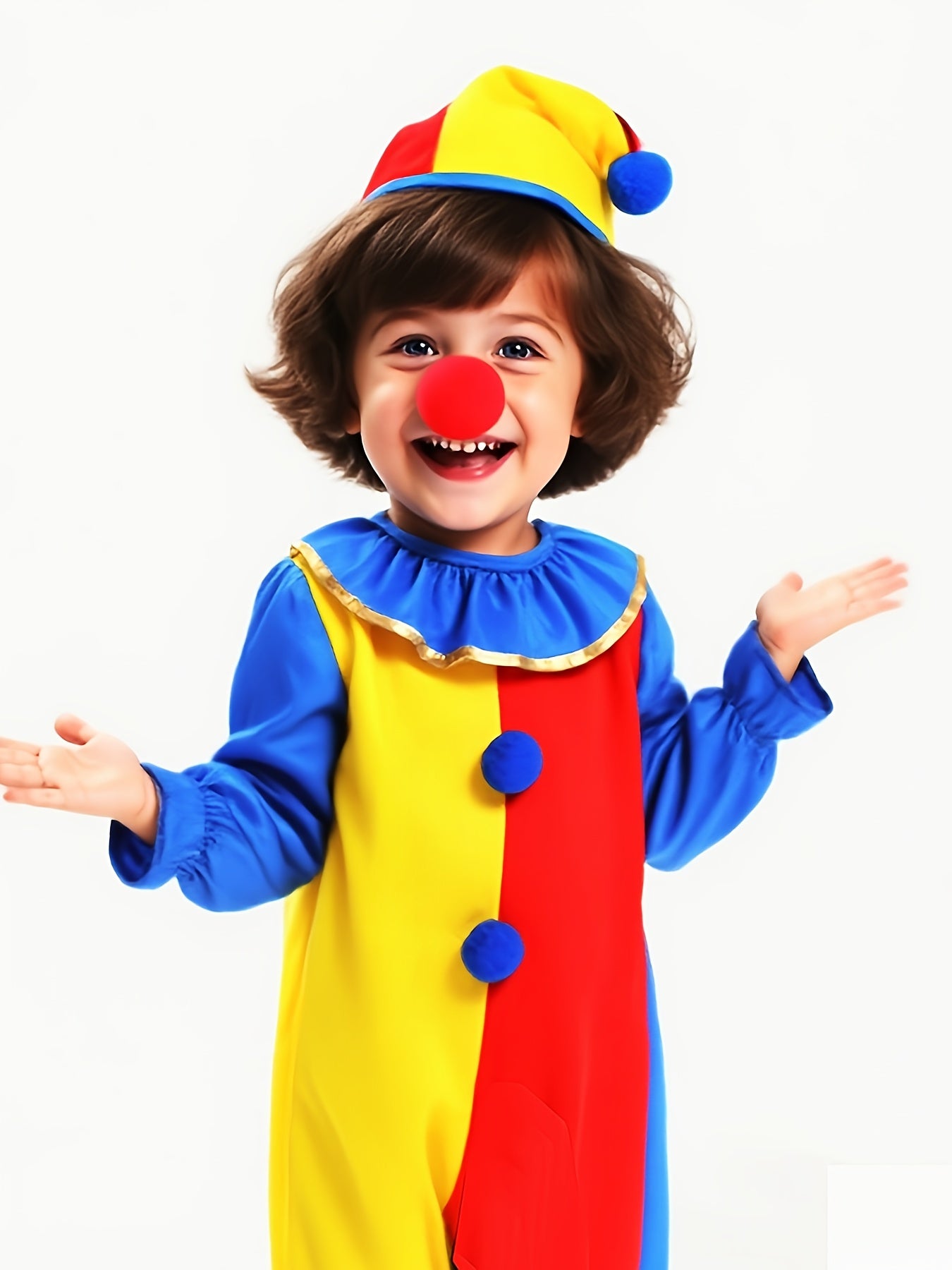 Girls' Clown Costume - Red & Yellow Color Block Halloween Outfit with Fake Buttons, Long Sleeve Party Dress for Birthday, Carnival, Circus - Easy-to-Wear Jumpsuit for Toddlers & Kids, Halloween Costumes for Girls, Circus Attire, Whimsical Design, Durable