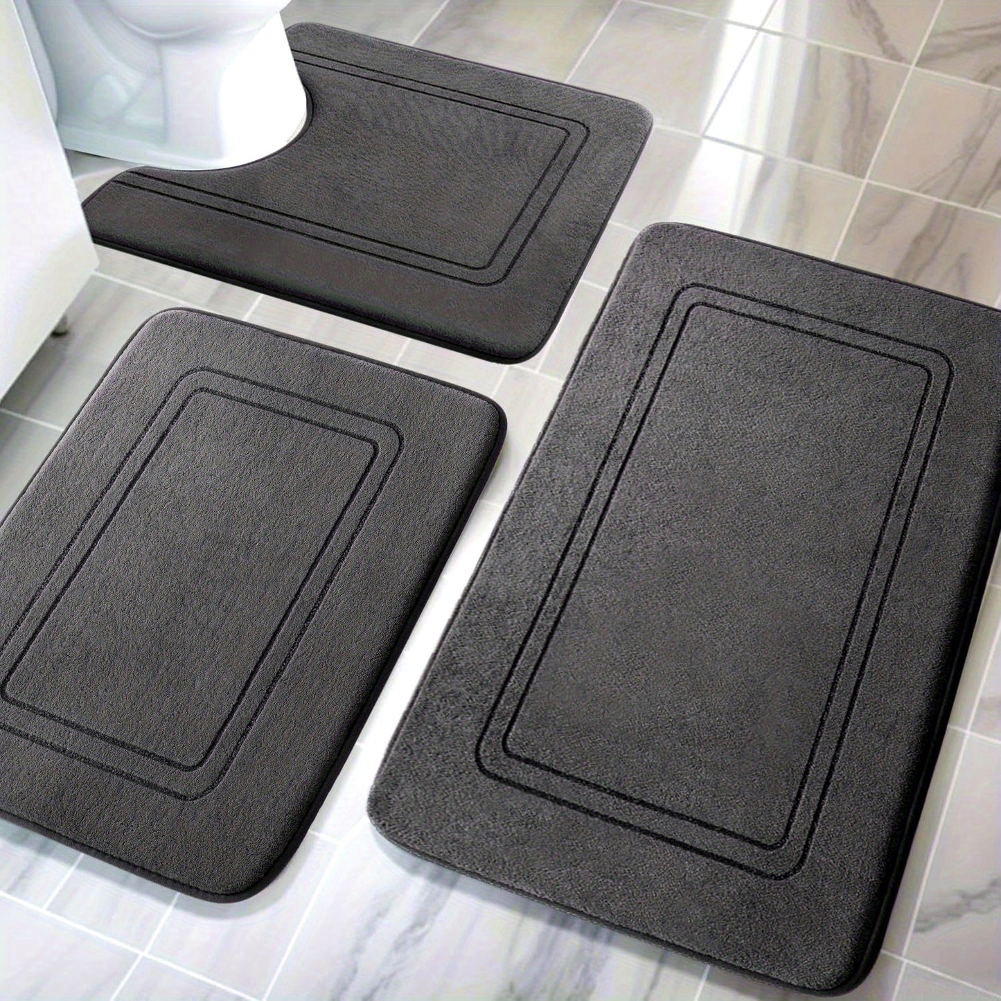 Ultra-Soft Memory Foam Bath Mat Set - 3pcs, Non-Slip & Super Absorbent, Machine Washable U-Shaped Toilet Mats for Bathroom, Bathroom Accessories