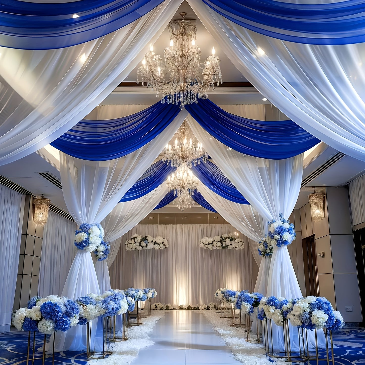 2pcs Royal Blue and White Ceiling Curtain Set 152.4 x 792.48cm, Can be used for Table Flag Decoration, Wedding Ceiling Curtain Arch Curtain Wedding Ceremony Transparent Blue Curtain Tree Curtain Wedding Arch Curtain Party Decoration Fabric, Suitable for