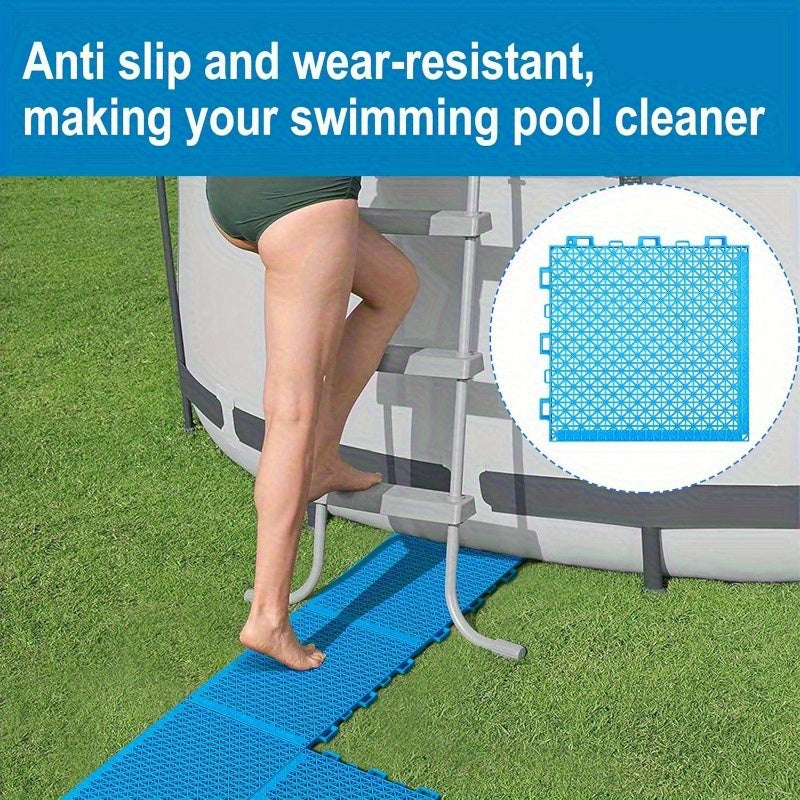 Heavy-Duty Modular Interlocking Pool and Spa Mat - Non-Slip Surface, Easy Interlocking Design, 26.16x26.16cm - Suitable for In-Ground/Above Ground Pools, Hot Tubs, Decks, Pathways - Dark Blue High-Quality Cushioned Brick, Enhanced Anti-Slip Texture, Deck
