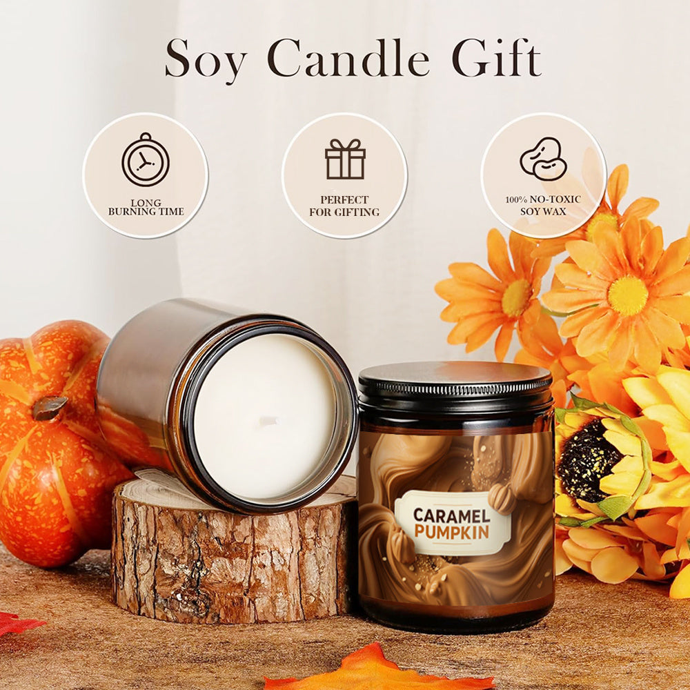 1pc Caramel Pumpkin Scented Candle in - Long-Lasting Soy Wax (8-12 Hour Burn Time) with Caramel Pumpkin & Vanilla-like Aroma, Fall Thanksgiving Winter, Gift-Ready Round Candle for Adults & Family, Caramel Swirl Design, 2D Flat