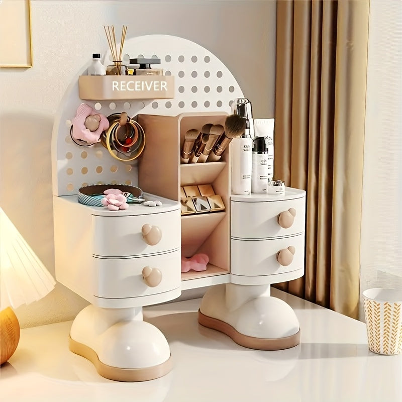 Multifunctional White Plastic Desktop Organizer with Drawer & Door Shelves - -Filled for Beauty, Jewelry, Office Supplies, Vanity - Space-Saving Countertop Organizer with Label Holder (No Tools Assembly) - Durable Plastic