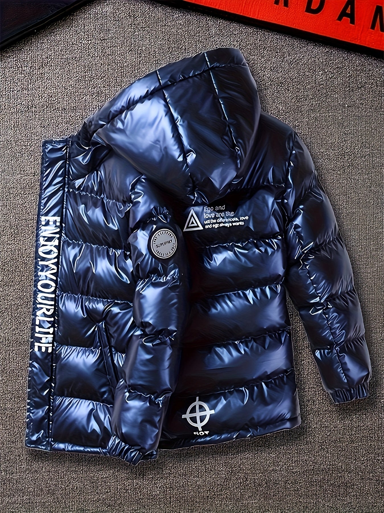 Boys' Winter Warmth Jacket, Casual Polyester 100% Long Sleeve with Zipper, Alphabet Pattern, Regular Fit, Non-Stretch Fabric, Cardigan Collar, Thickened Coat for Fall/Winter