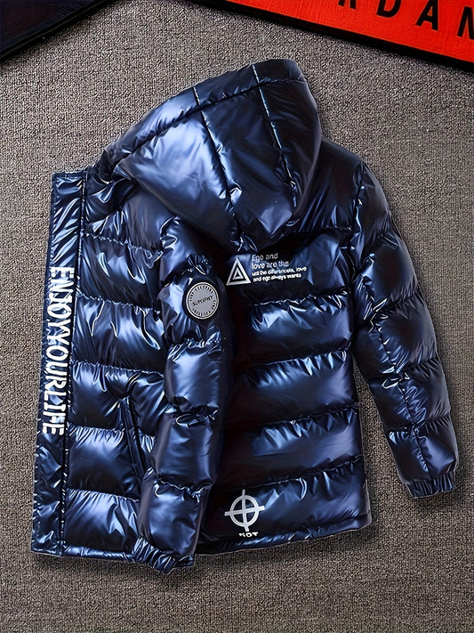 Boys' Winter Warmth Jacket, Casual Polyester 100% Long Sleeve with Zipper, Alphabet Pattern, Regular Fit, Non-Stretch Fabric, Cardigan Collar, Thickened Coat for Fall/Winter