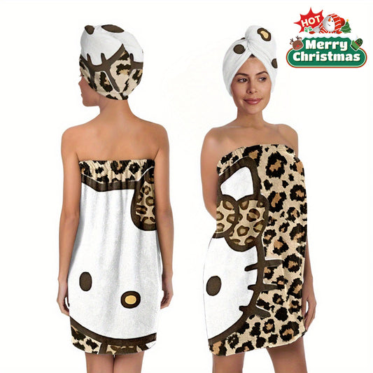 For Hello Kitty Leopard Print Bath Towel Set - Soft Polyester, Adjustable Headband & Bath Skirt with Easy Fasten, Perfect for Beach, Pool & Sauna, Ideal Christmas & Birthday Gift, Beach Towel | Playful Design | Polyester Bath Towel, Wash Cloths