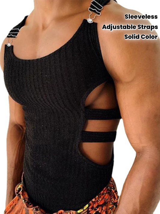 Men's Sleeveless Tank Top - Solid Color, Stretch Fit, Cutout Detail, Round Neck, Polyester, Casual Streetwear Style, Athletic Apparel|Round Neckline Top|Adjustable Straps