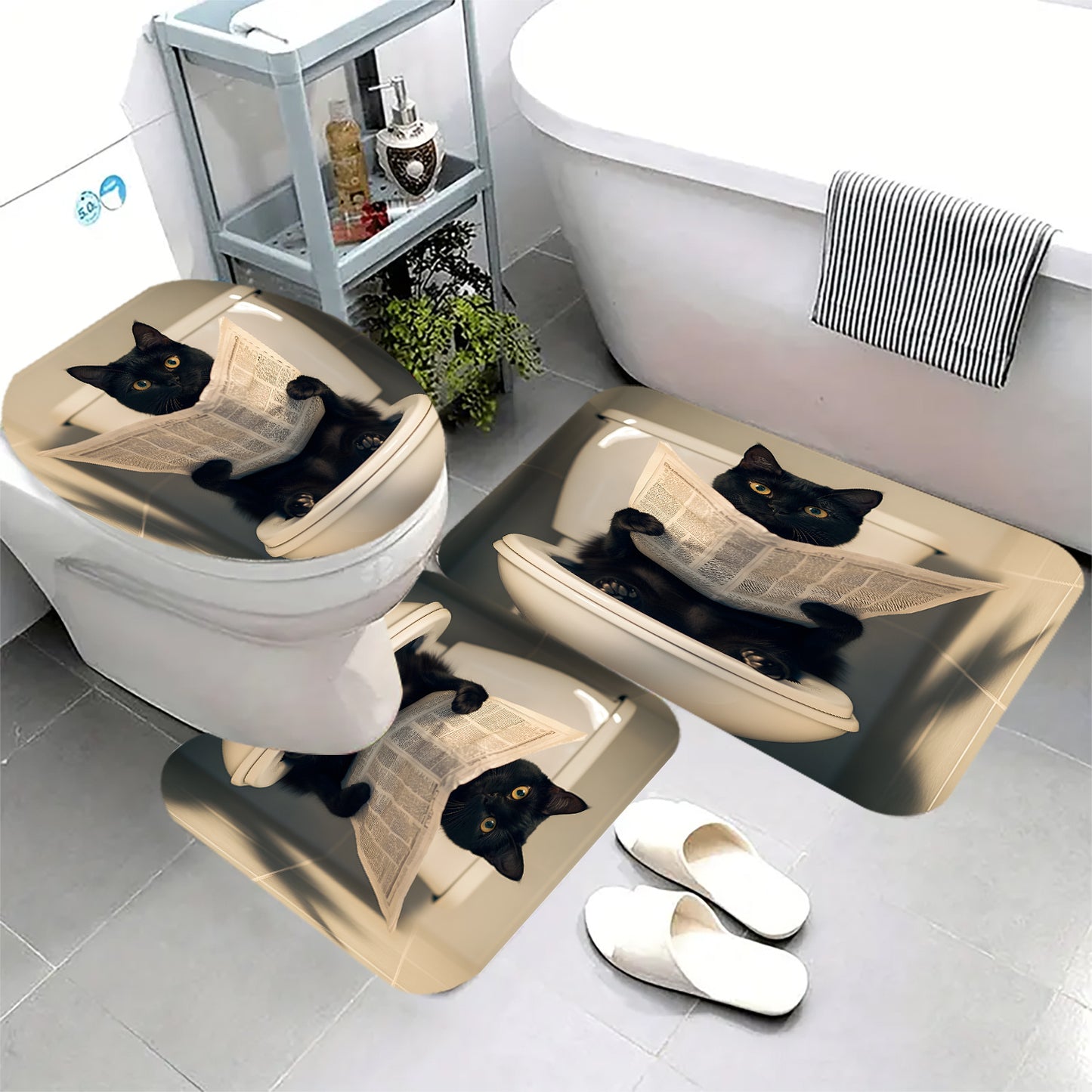 3pcs Black Cat Reading Newspaper Themed Bathroom Rugs Set, Non-Slip Polyester Mats for Toilet, 350gsm, 2cm Thick, Oblong Non-Woven Fabric, Suitable for Most Toilets