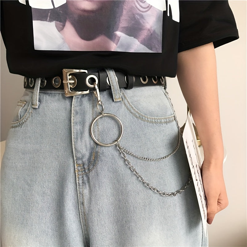 Hip Hop Chain Tassel Belts Punk Studded Pin Buckle PU Belt Y2K Unisex Black Casual PU Jeans Pants Belt For Women Men