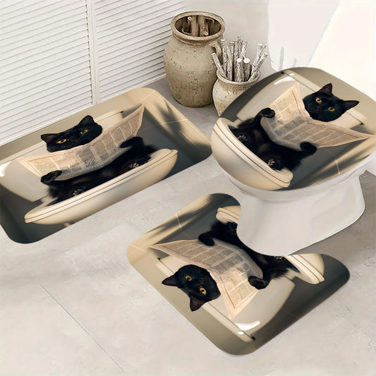 3pcs Black Cat Reading Newspaper Themed Bathroom Rugs Set, Non-Slip Polyester Mats for Toilet, 350gsm, 2cm Thick, Oblong Non-Woven Fabric, Suitable for Most Toilets