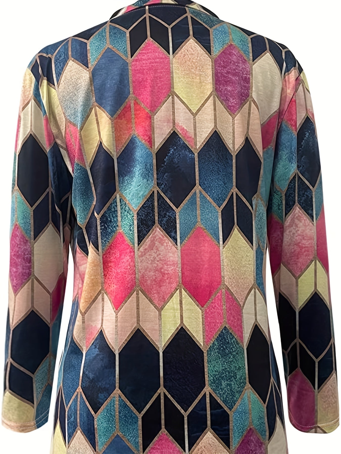 Colorful Geometric Zip-Up Long Sleeve Shirt - Stretchy & Comfortable Polyester Blend, Machine Washable - Casual Style for All Seasons