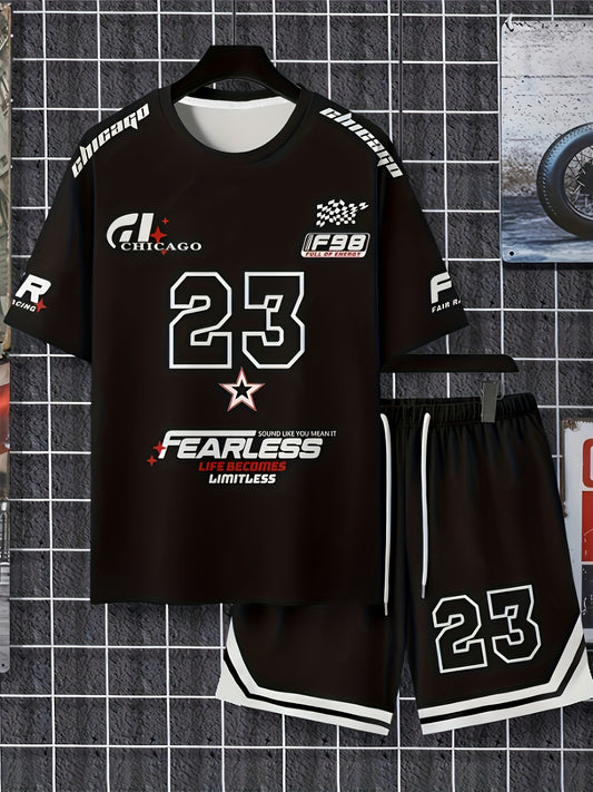 Men'S Casual Outfit Featuring a Chicago Letter And Number Print, a Stylish Streetwear T-Shirt, And Sporty Shorts Set. Made from Breathable And Comfortable Fabric, It'S The Perfect Gift for Family.
