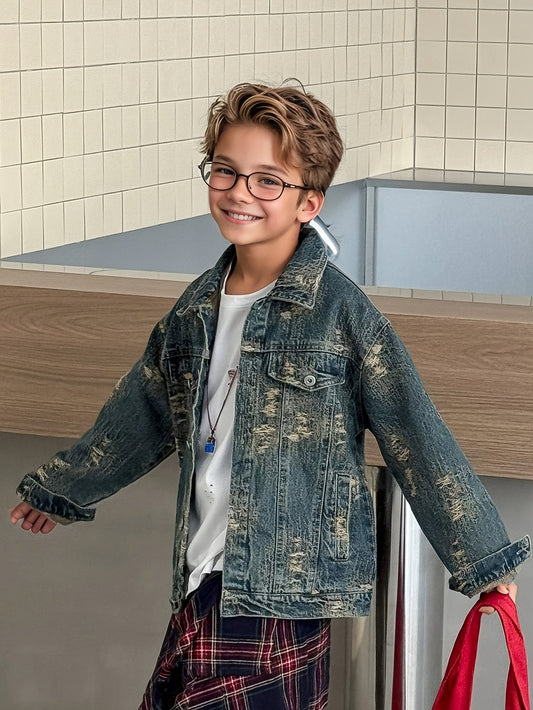 Boys' Casual Loose-Fit Ripped Denim Jacket for Autumn, Suitable for School and Outdoor Wear