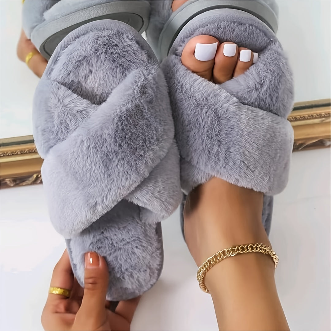 Cozy Crisscross Furry Slippers - Women's Warm Plush Fuzzy Flat Open Toe Home Shoes with Soft Comfy Insoles - Perfect for Lounging Around the House