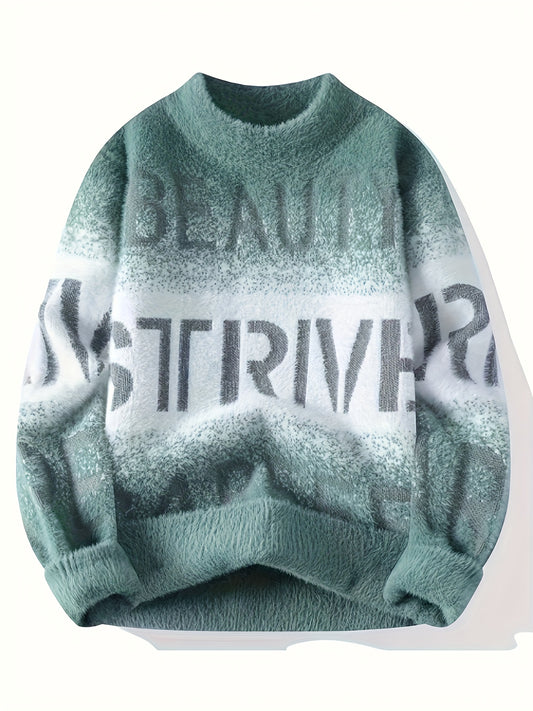 Men's Winter Thermal Fleece-Lined Crewneck Sweater - Thick Warm Anti-Pilling Ribbed Trim, Slim Fit Olive Green with "Beauty Sleep Strive Repeat" Letter Print, Hand Wash Only