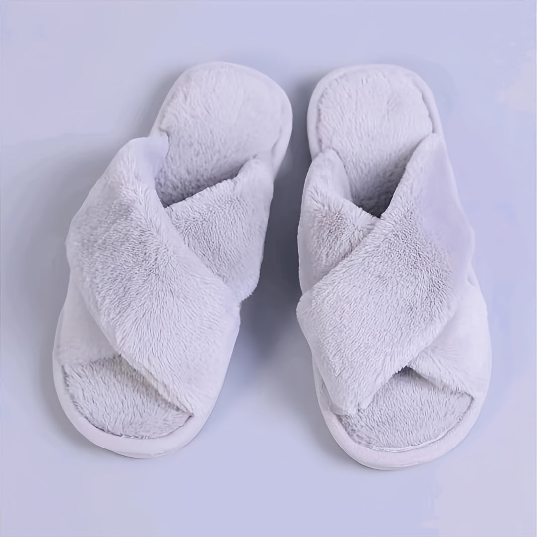 Cozy Crisscross Furry Slippers - Women's Warm Plush Fuzzy Flat Open Toe Home Shoes with Soft Comfy Insoles - Perfect for Lounging Around the House