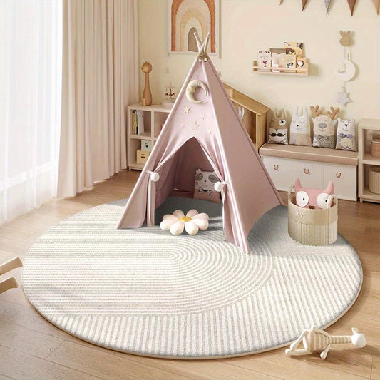 Seven Deer Velvet Area Mat - 850gsm Machine Washable Circular Modern Design with Minimalist Lines & Neutral Tones, Soft Low-Pile 100% Polyester Mat for Living Room, Bedroom, Office, Entryway, Cute Rugs, Home Accent, Contemporary Style, Durable Fabric, Fl
