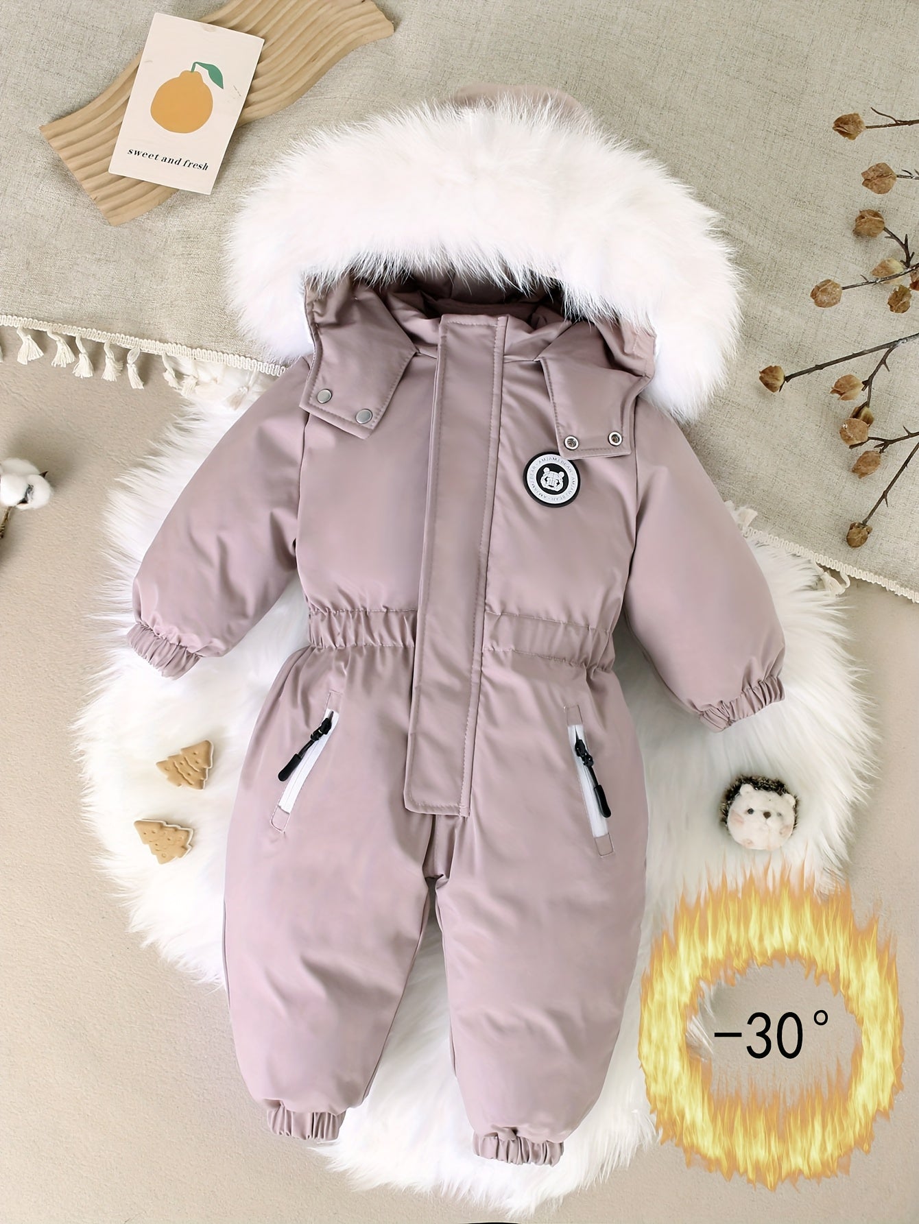 Baby & Kids Winter Coat - Polyester Stand Collar Zipper Front, Thick Insulated Long Sleeve Jumpsuit with Pockets, Solid Color Casual Outfit for Boys & Girls 1-5 Years, Toddler Winter Clothes, Easy Diaper Change, Cute Animal Design, Durable Snap Buttons