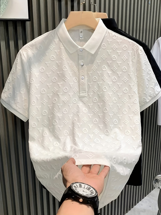 Men'S Summer Casual Shirt - Ice Sliky Fiber Fabric, Short Sleeve, Button-Up Collar, Geometric Pattern, Stretchy & Comfortable Fit, White with Black Accents, Perfect for Golf or Weekend Wear, Golf Shirt