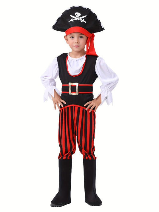 Boys' Pirate with Tricorn Hat & Red & Black Striped Pants - Halloween Carnival Party Outfit, Polyester, Long Sleeve, Regular Fit, All-Season Wear, Perfect for Themed Events, Halloween | Pirate Theme | Polyester, Pirate Accessories, Halloween For Boy, Pir