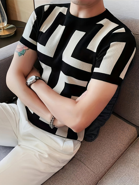 Men's Slim Fit Short Sleeve Knit Sweater - Black & White Geometric Grid Pattern, Breathable Round Neck Pullover for Outdoor Hiking & Casual Wear, Spring Summer Fall, Hiking Gear, Comfortable Knitwear