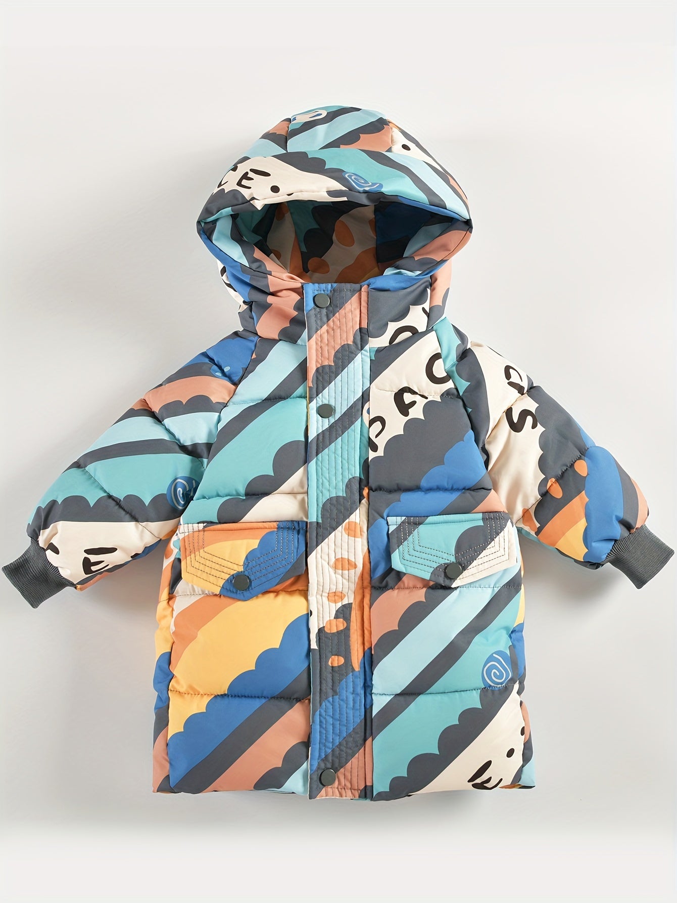 Boys' Colorful Geometric Print Hooded Winter Jacket - Thick Polyester Coat with Pockets, Vibrant Blue, Orange & White Design, Casual Style for Youngsters & Youngsters, Boy Jacket