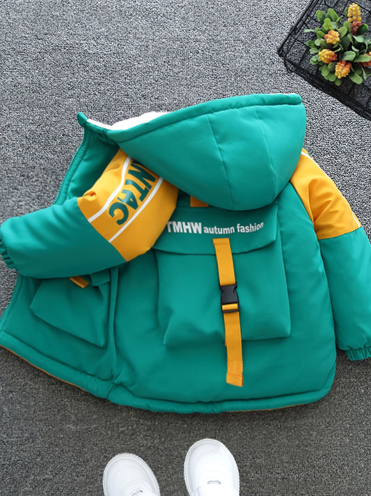 Boys Fashionable Letter Print Color Block Fleece Lining Hooded Jacket With Pockets, Long Sleeve Zip Up Jacket, Kids Clothes For Fall Winter Outdoor