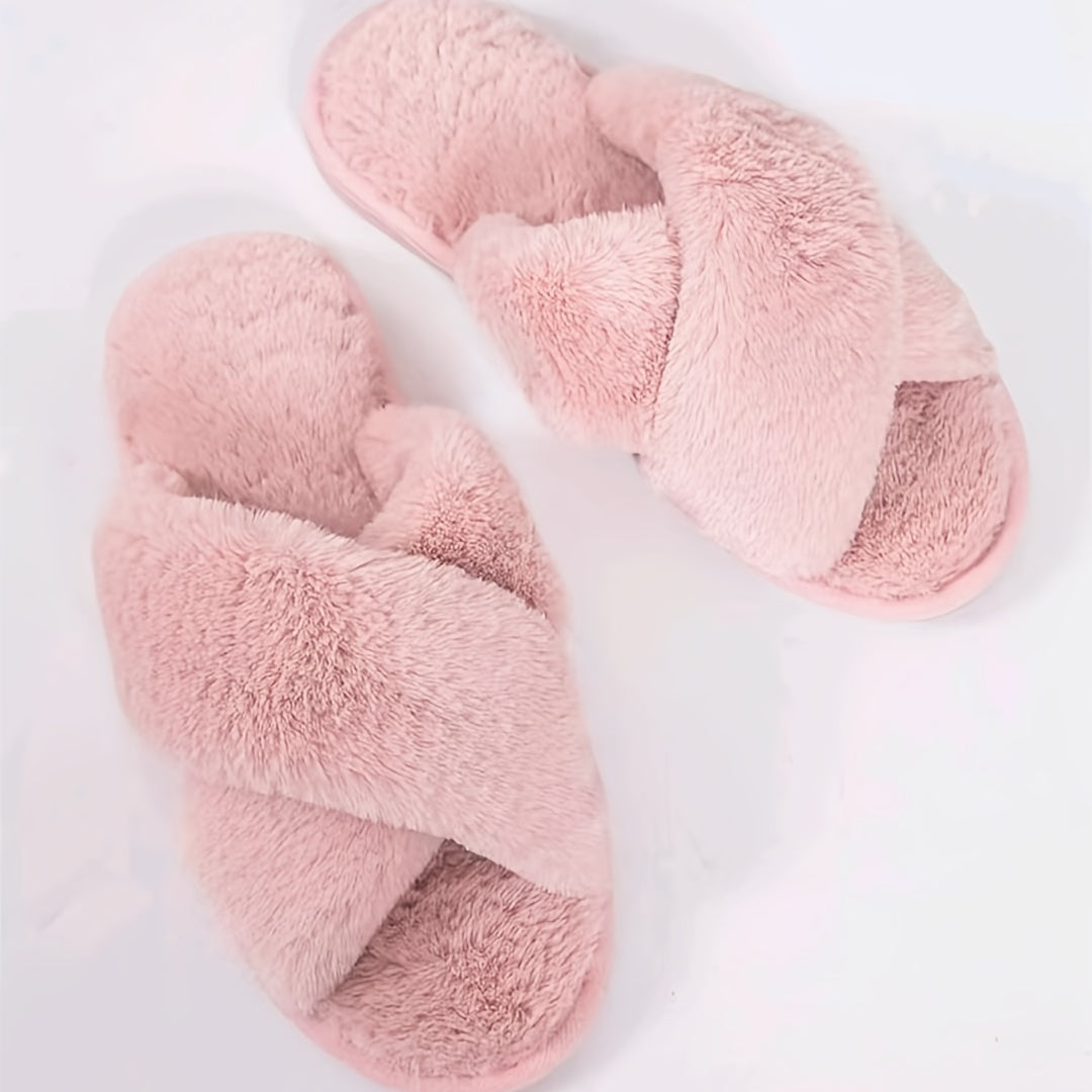 Cozy Crisscross Furry Slippers - Women's Warm Plush Fuzzy Flat Open Toe Home Shoes with Soft Comfy Insoles - Perfect for Lounging Around the House