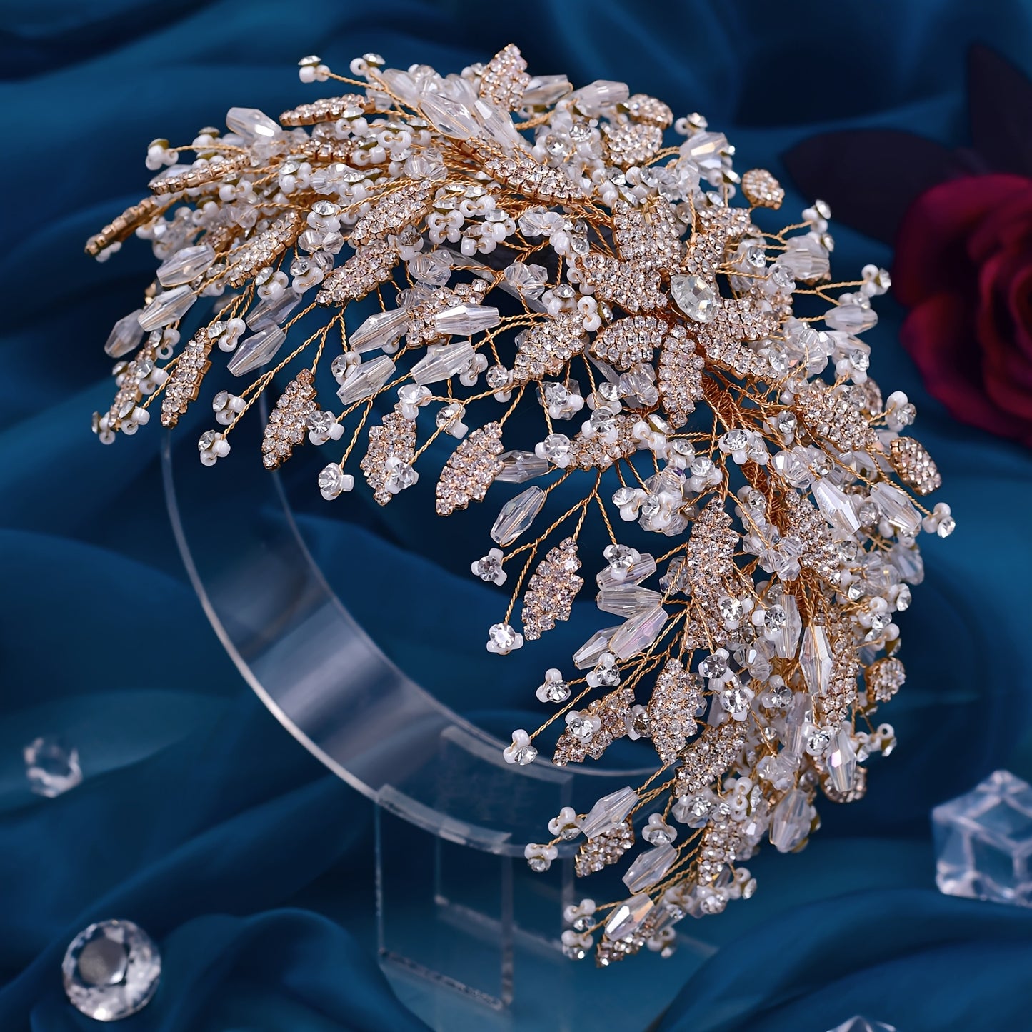 1pc Elegant Polyresin Bridal Hairpiece, Handcrafted Beaded Crystal Leaf Design, Sweet Style Solid Color Wedding Party Hair Accessory for Women