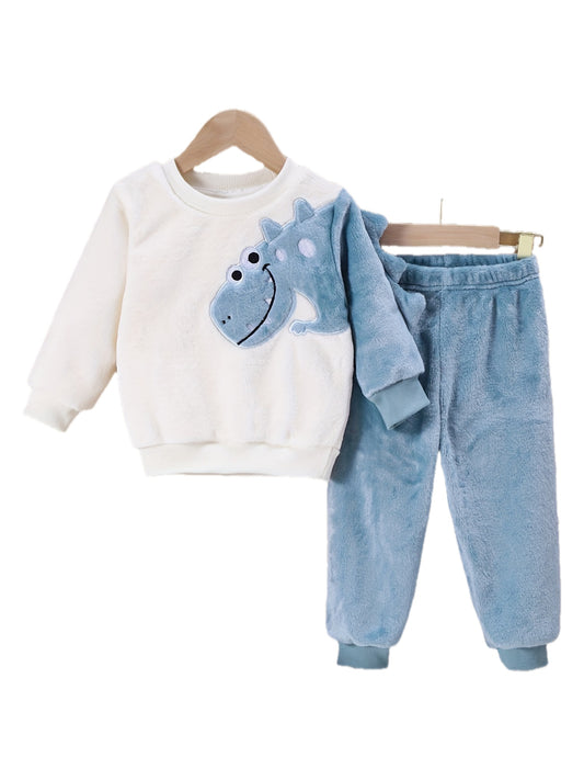 Kids' Dinosaur Print Coral Fleece Set, Soft Skin-Friendly Crew Neck Long Sleeve Pullovers with Matching Pants, Casual Knit Polyester for Fall/Winter, Regular Fit, for Outdoor