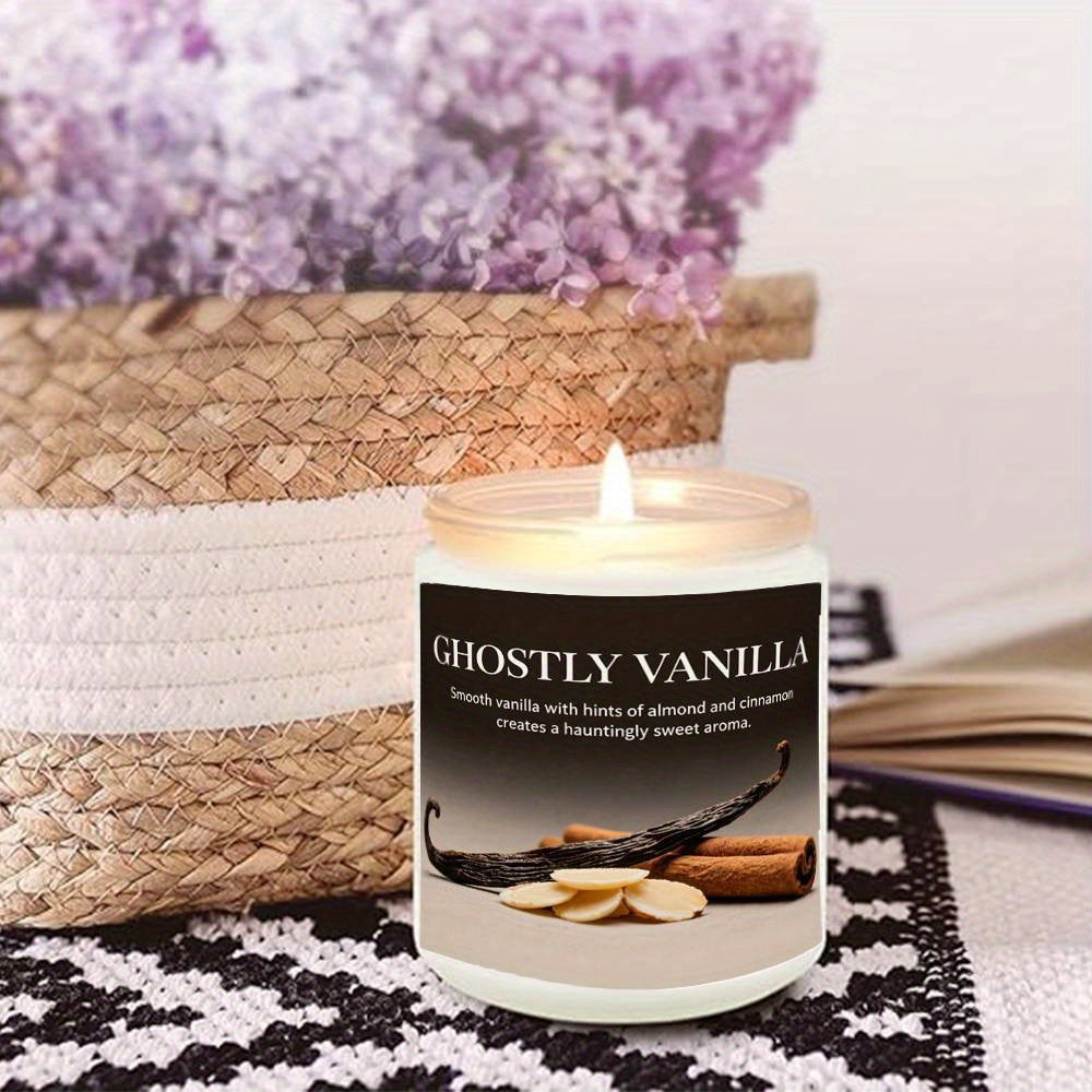 1pc Long-Lasting Lavender Scented Candle in Elegant Vanilla Bean Glass Jar - Soy Wax Ghostly Vanilla Fragrance, 12+ Hour Burn Time, Rustic Farmhouse Decor for Fall, Halloween, Thanksgiving & Year-Round Home Decoration - Cozy Candle Gift Idea (Multiple Co