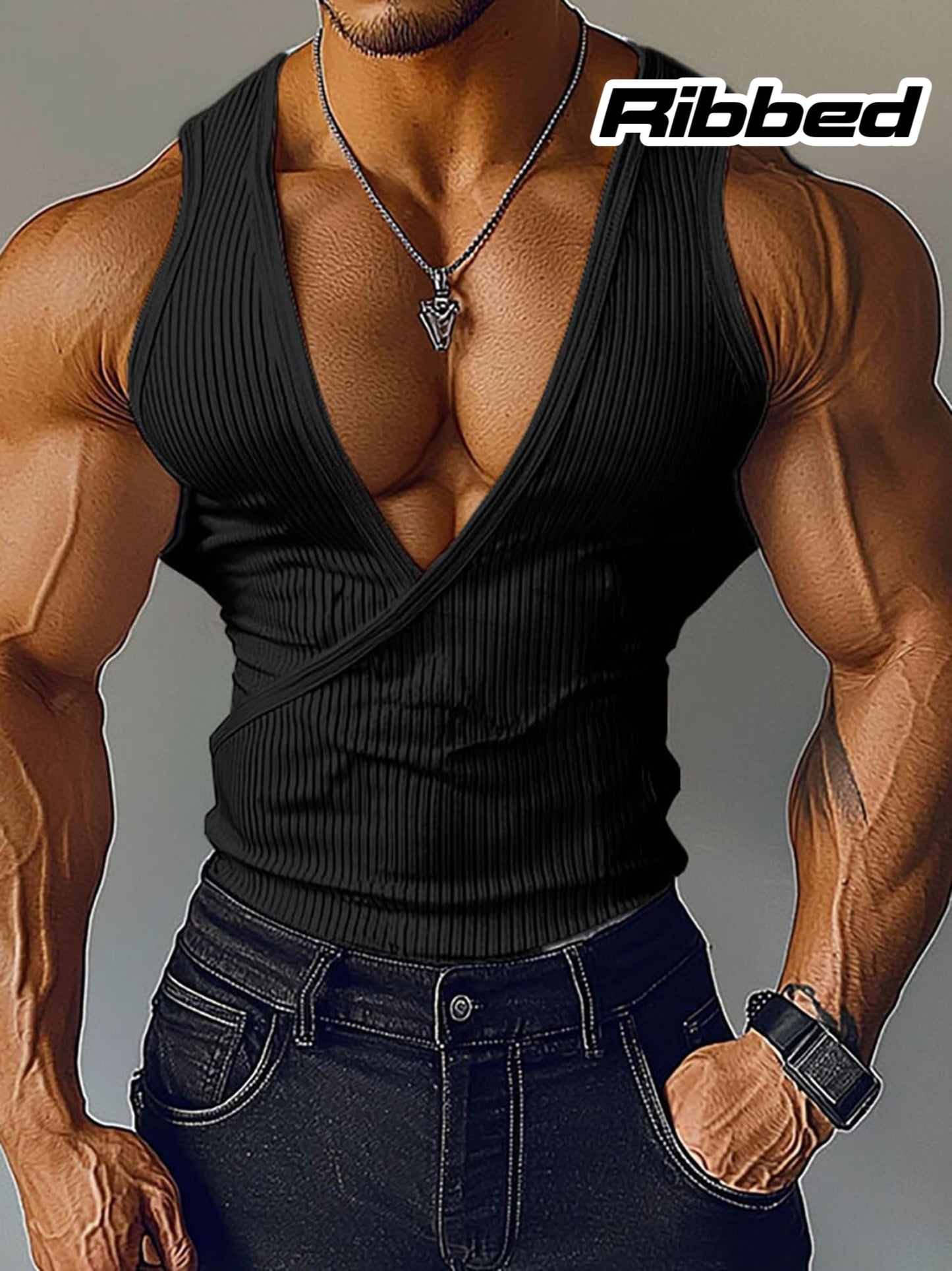 INCERUN Men Ribbed Knit Tank Tops Solid Deep V Neck Sleeveless Tight Casual Vest Pajamas Tops