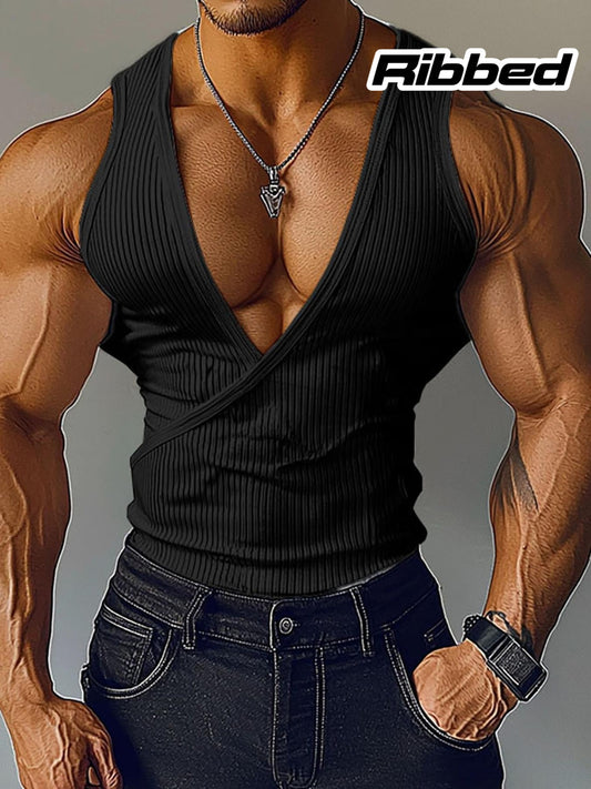 INCERUN Men Ribbed Knit Tank Tops Solid Deep V Neck Sleeveless Tight Casual Vest Pajamas Tops