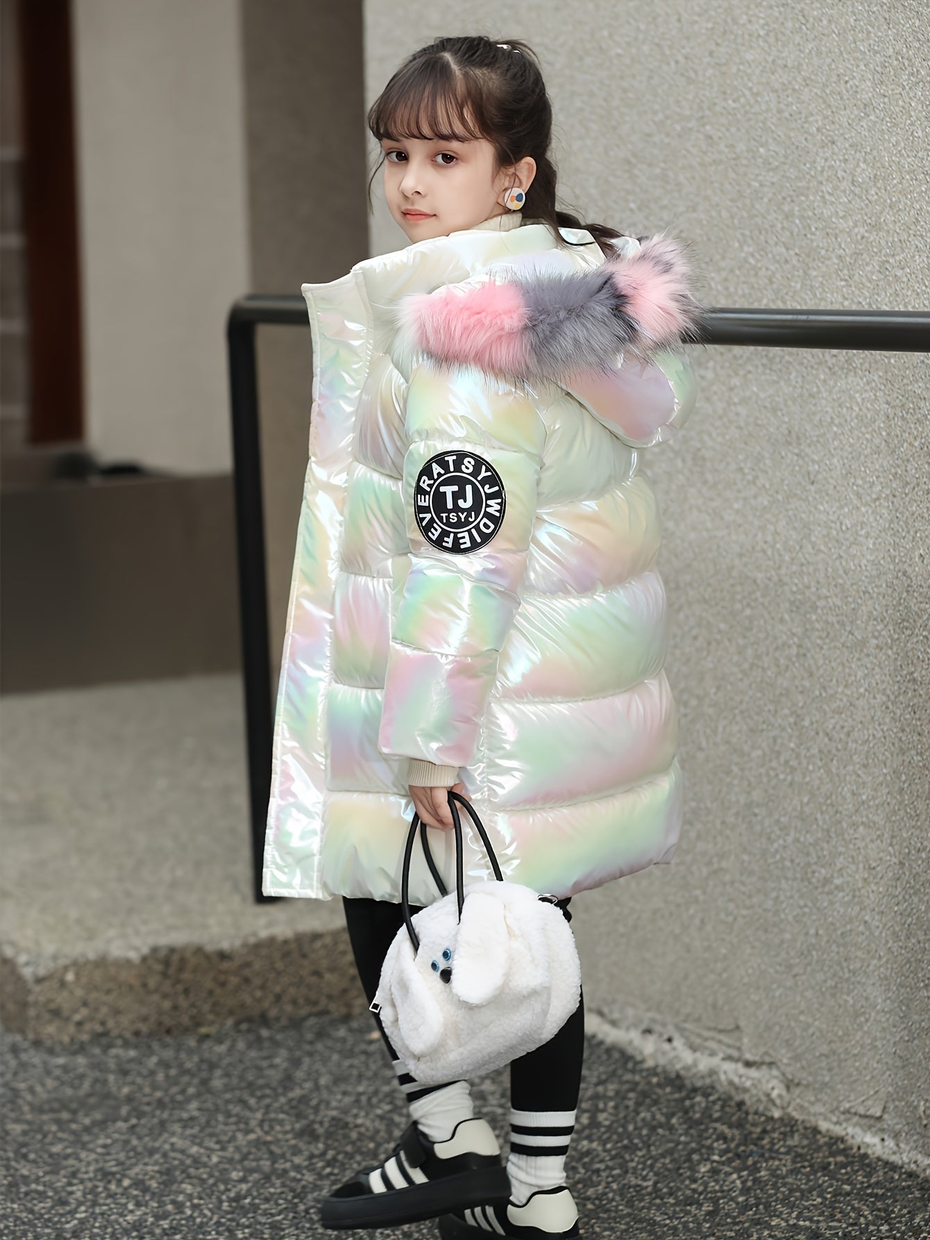 Girls' Long Coat, Ombre Hooded Winter Jacket, Casual Skinny Fit with Pockets, Medium Stretch Polyester 100%, Fall/Winter Fashion, Zipper Placket, Flared Hem, No Belt - Cozy Warm Coat, Thick